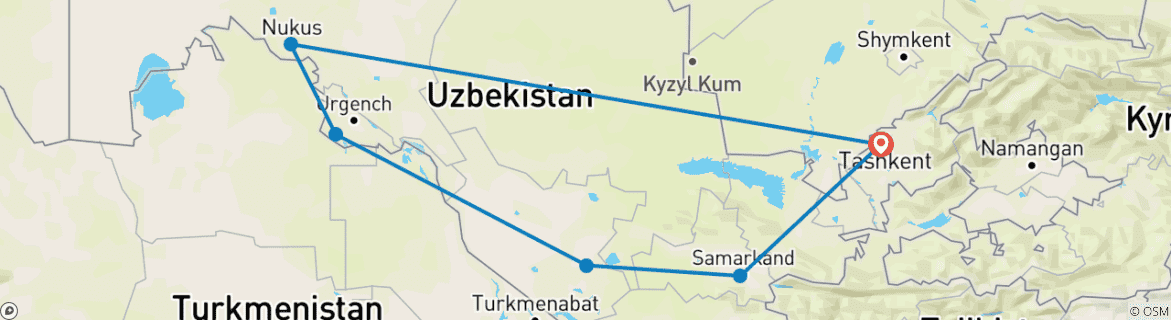 Image of a map showing the route of the tour