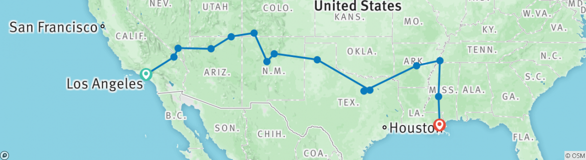 Image of a map showing the route of the tour
