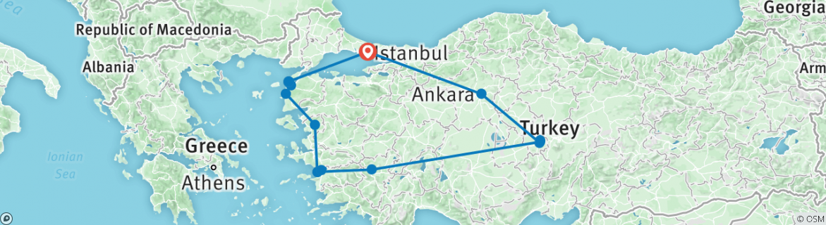 Image of a map showing the route of the tour