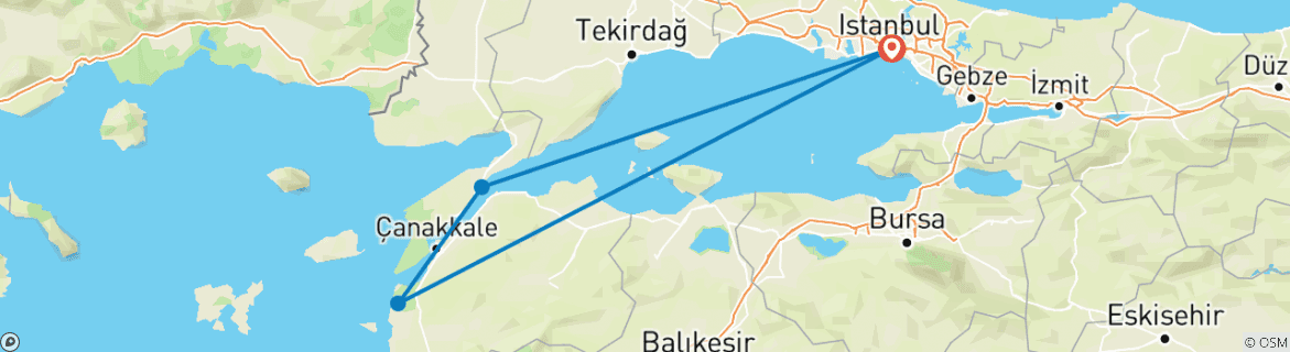 Image of a map showing the route of the tour