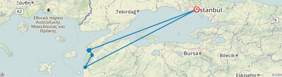 Image of a map showing the route of the tour