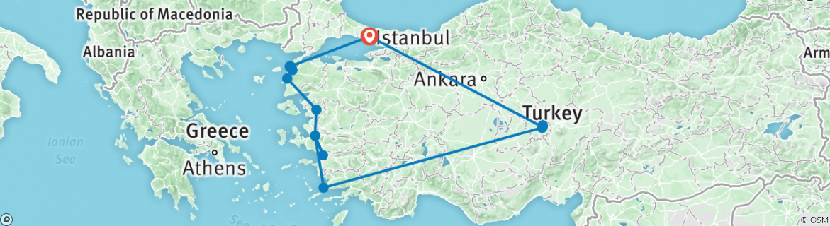 Image of a map showing the route of the tour