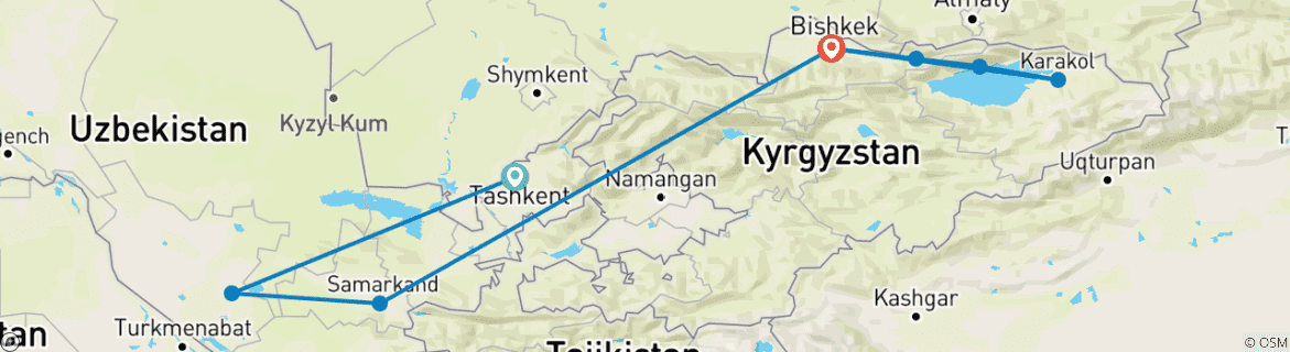 Image of a map showing the route of the tour