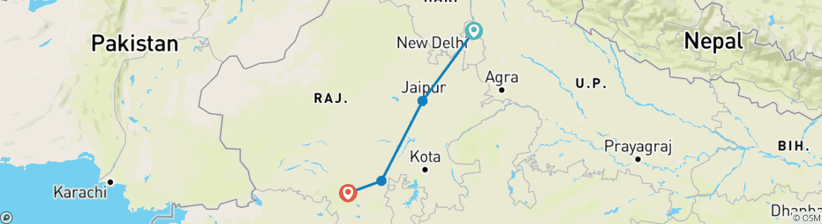 Image of a map showing the route of the tour