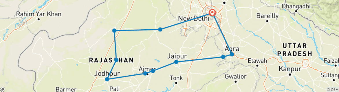 Image of a map showing the route of the tour