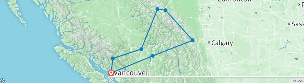Image of a map showing the route of the tour