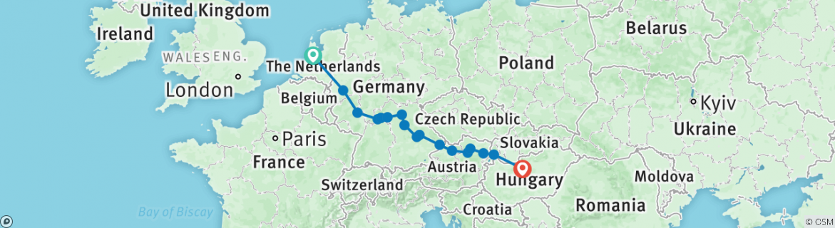 Image of a map showing the route of the tour