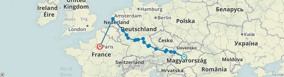 Image of a map showing the route of the tour