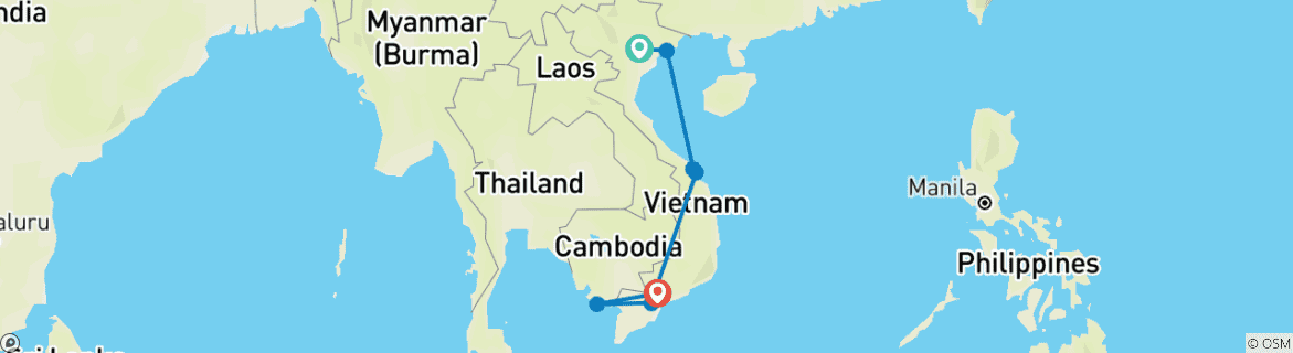 Image of a map showing the route of the tour