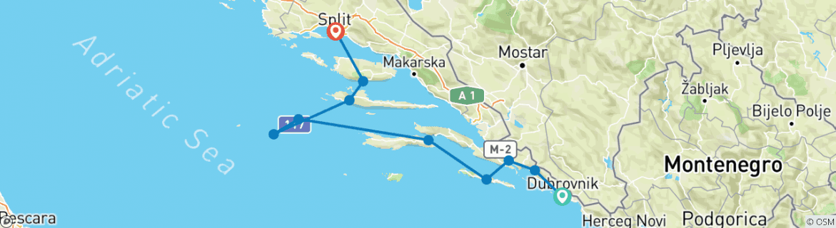 Image of a map showing the route of the tour