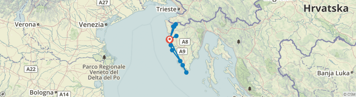 Image of a map showing the route of the tour