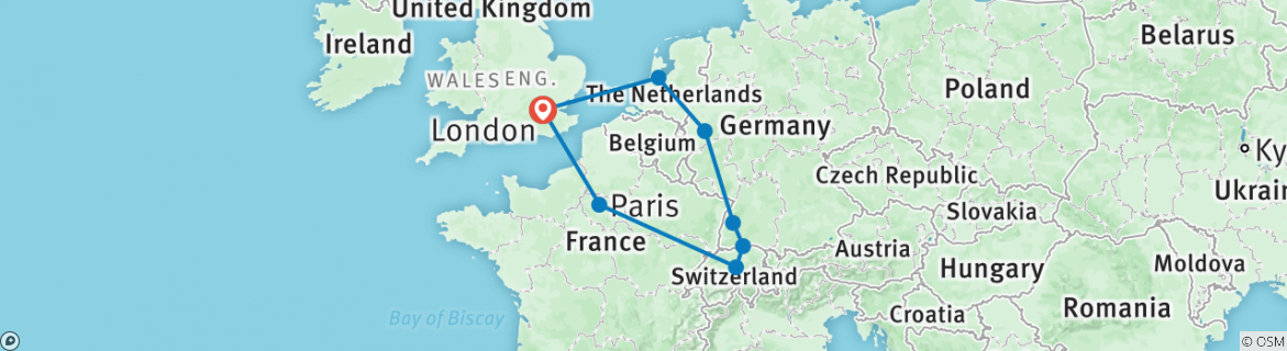 Image of a map showing the route of the tour