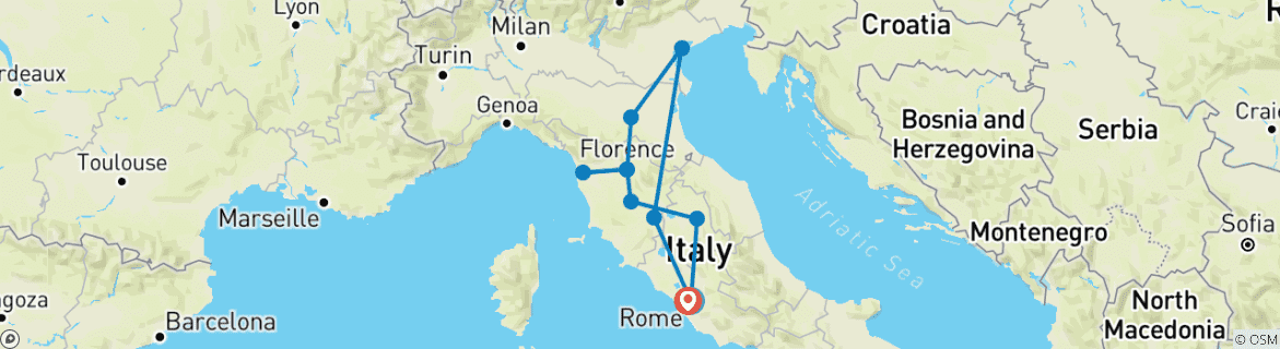Image of a map showing the route of the tour