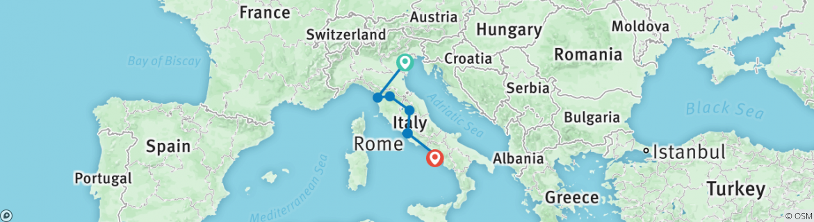 Image of a map showing the route of the tour