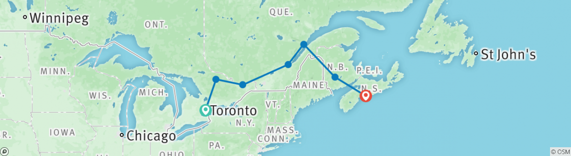 Image of a map showing the route of the tour