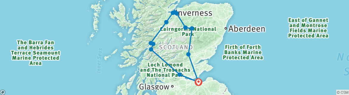 Image of a map showing the route of the tour