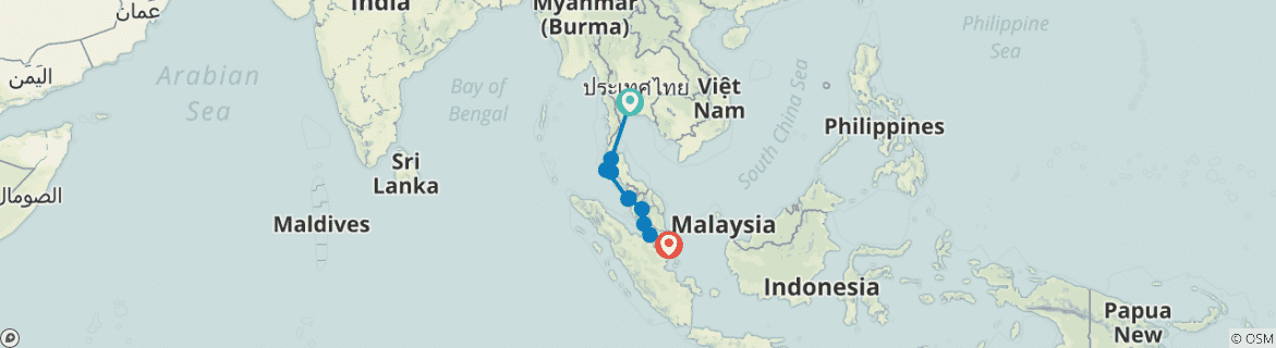 Image of a map showing the route of the tour