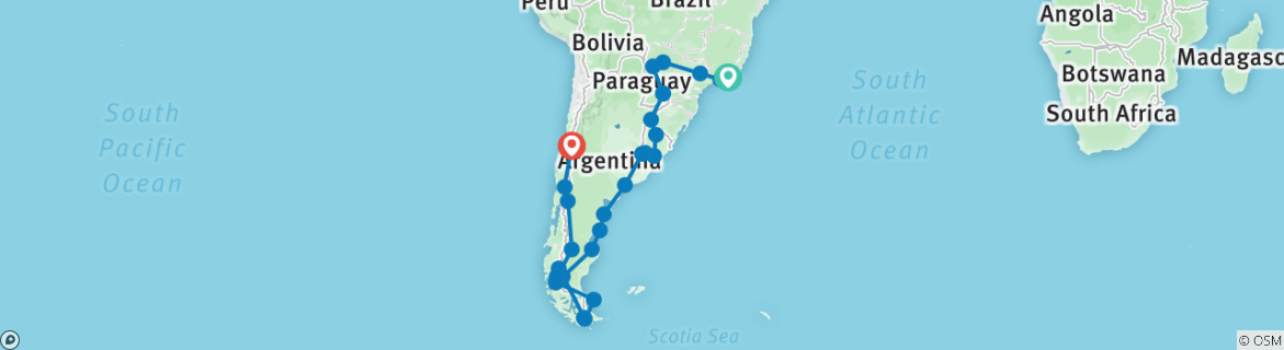 Image of a map showing the route of the tour