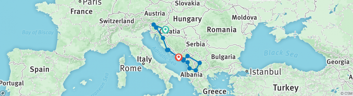 Image of a map showing the route of the tour