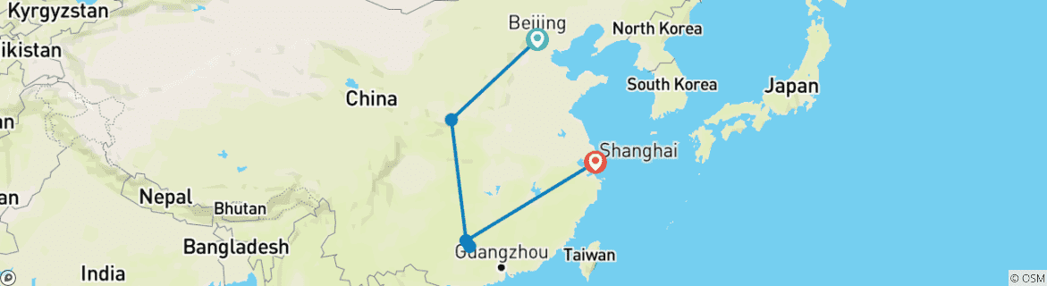 Image of a map showing the route of the tour