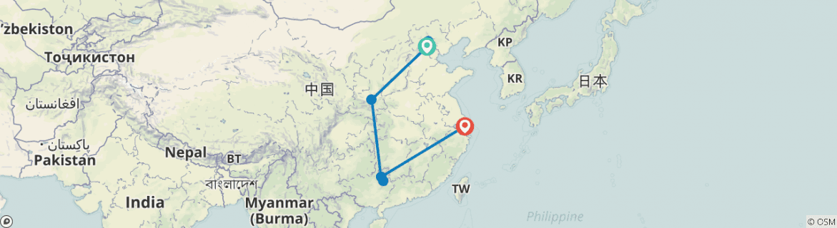 Image of a map showing the route of the tour