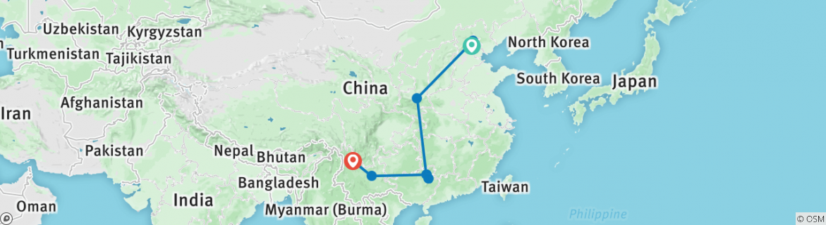 Image of a map showing the route of the tour