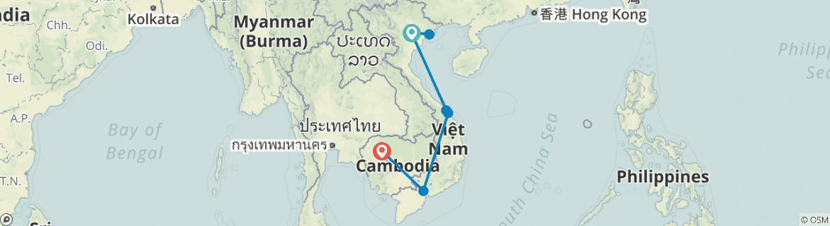 Image of a map showing the route of the tour