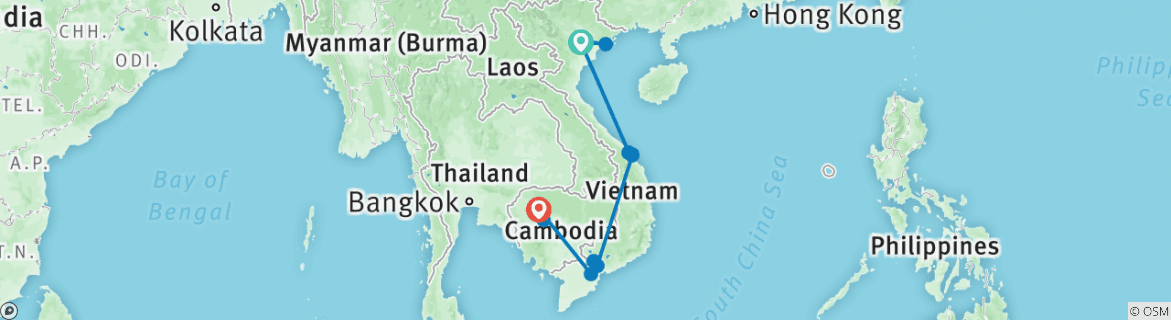 Image of a map showing the route of the tour