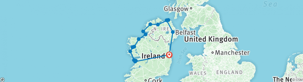 Image of a map showing the route of the tour
