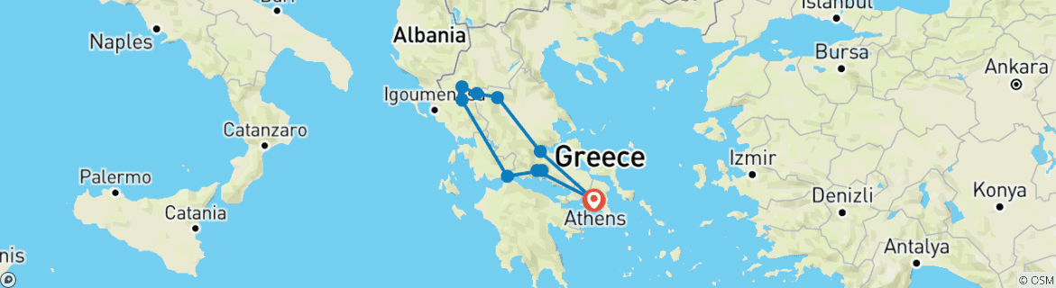 Image of a map showing the route of the tour