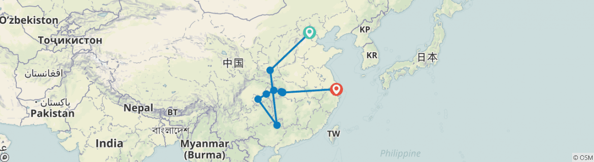 Image of a map showing the route of the tour