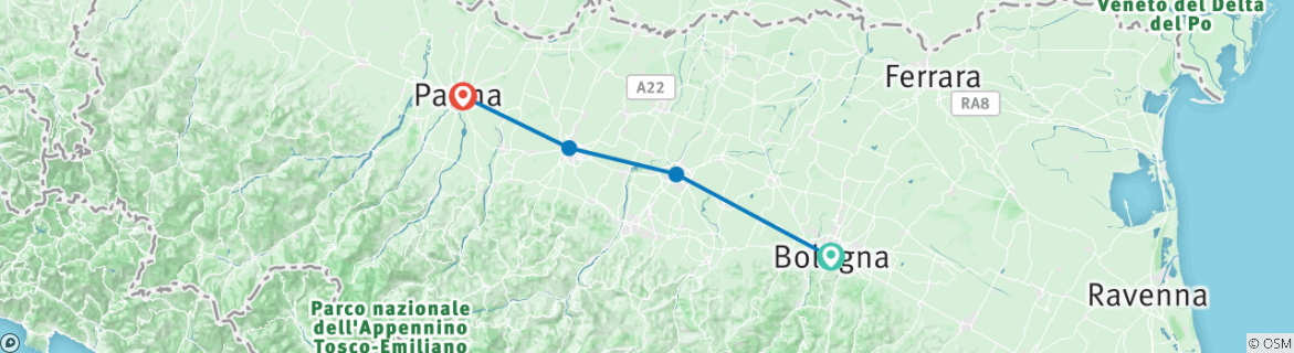 Image of a map showing the route of the tour