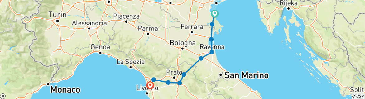 Image of a map showing the route of the tour