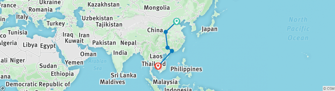 Image of a map showing the route of the tour