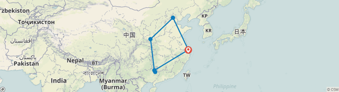 Image of a map showing the route of the tour