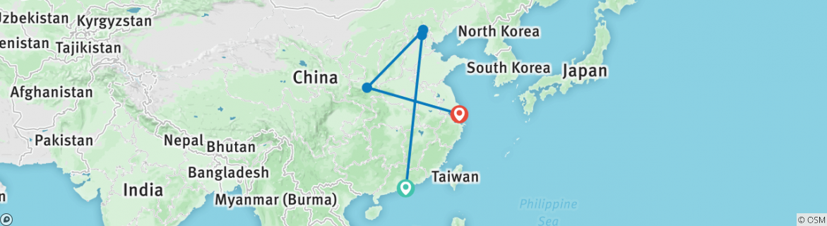 Image of a map showing the route of the tour