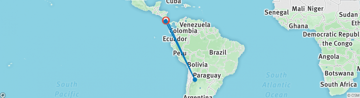 Image of a map showing the route of the tour