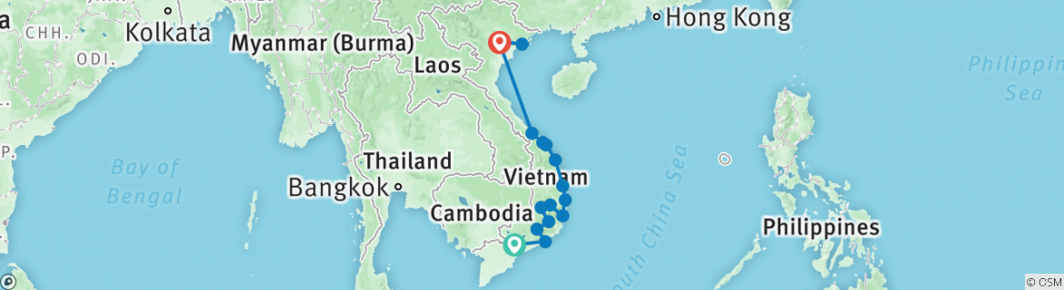 Image of a map showing the route of the tour