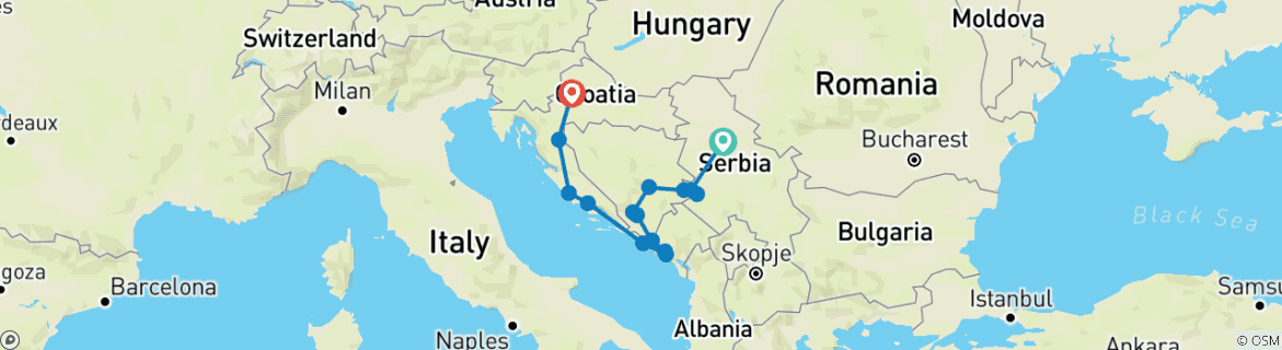 Image of a map showing the route of the tour