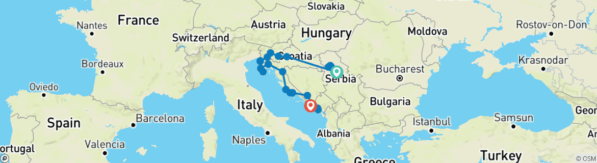 Image of a map showing the route of the tour
