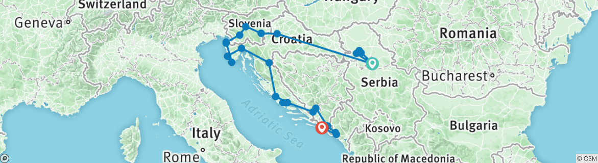 Image of a map showing the route of the tour