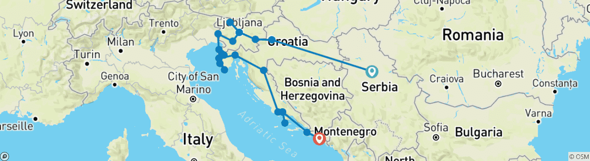 Image of a map showing the route of the tour