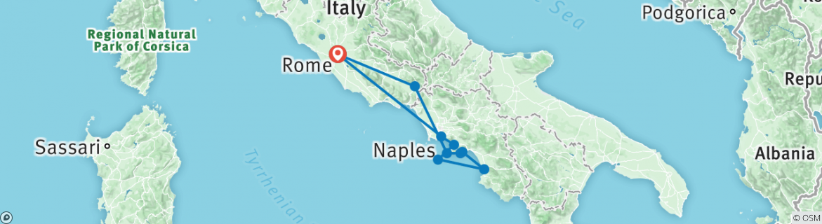 Image of a map showing the route of the tour