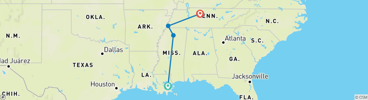 Image of a map showing the route of the tour