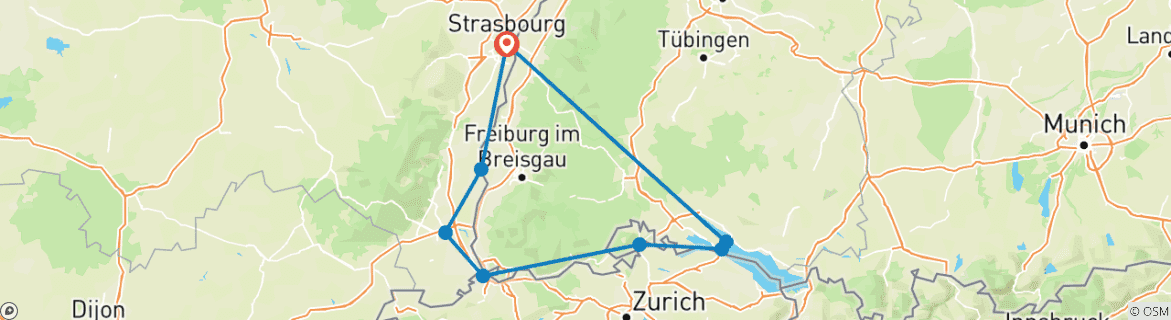 Image of a map showing the route of the tour