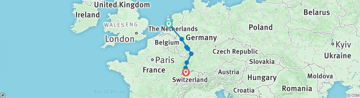 Image of a map showing the route of the tour