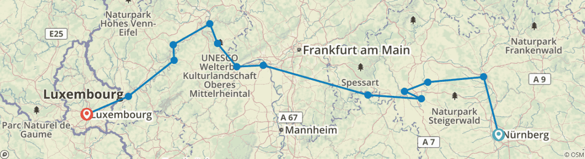 Image of a map showing the route of the tour