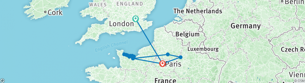 Image of a map showing the route of the tour