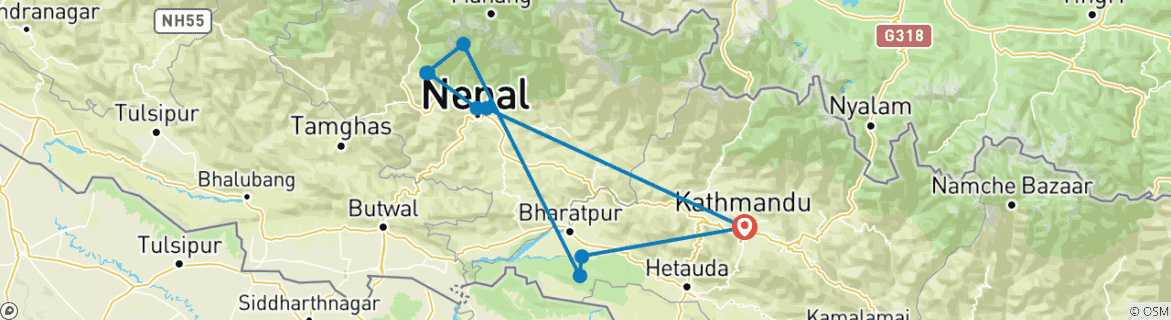 Image of a map showing the route of the tour