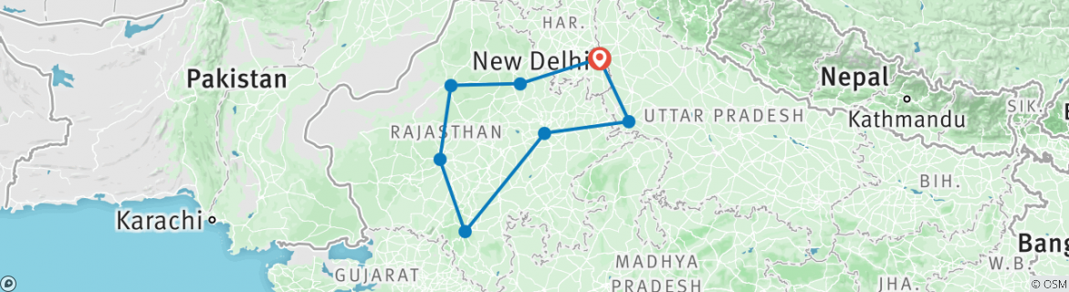 Image of a map showing the route of the tour